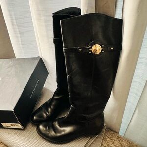Tommy Hilfiger Black Leather Knee-High Boots with Gold Medallion